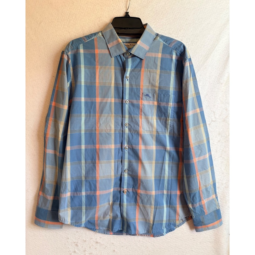 Tommy Bahama IslandZone Mens Blue Orange Plaid Long Sleeve Button Up Shirt M